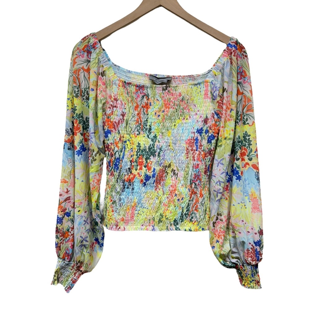 Anthropologie Top XS Smocked‎ Multicolor Floral Boho Cottagecore Balloon Sleeve
